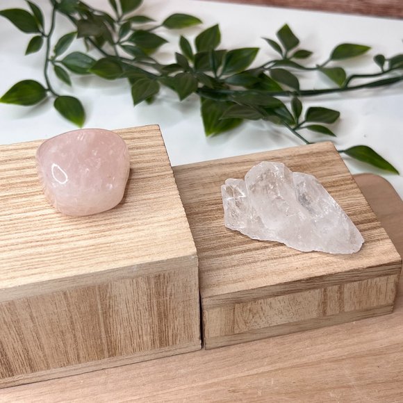Rose Quartz and Clear Quartz Crystal Bundle - Calming Pocket Crystal Gift Set - Picture 1 of 16